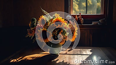 A vase of sunflowers on a table in front of a window. AI generative image Stock Photo