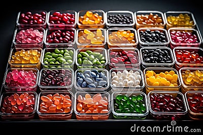 the vast array of different jelly bean flavors in open square containers AI Generated Stock Photo