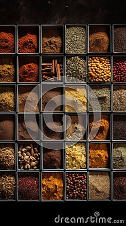 Vast array of different spices. Generative AI Stock Photo