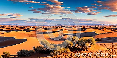 A vast desert expanse with rolling dunes under a sunny sky. Generative AI Stock Photo