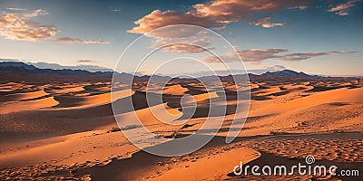 A vast desert expanse with rolling dunes under a sunny sky. Generative AI Stock Photo