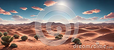 A vast desert expanse with rolling dunes under a sunny sky. Generative AI Stock Photo