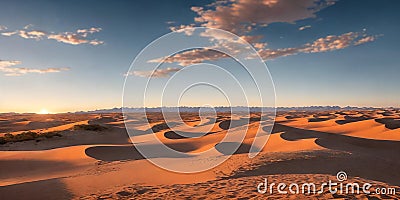 A vast desert expanse with rolling dunes under a sunny sky. Generative AI Stock Photo