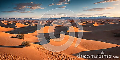 A vast desert expanse with rolling dunes under a sunny sky. Generative AI Stock Photo