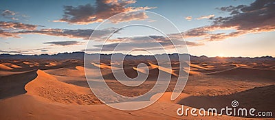 A vast desert expanse with rolling dunes under a sunny sky. Generative AI Stock Photo