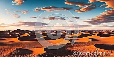 A vast desert expanse with rolling dunes under a sunny sky. Generative AI Stock Photo