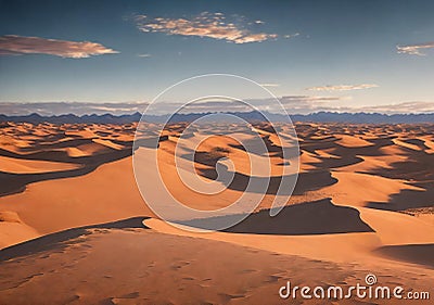 A vast desert expanse with rolling dunes under a sunny sky. Generative AI Stock Photo