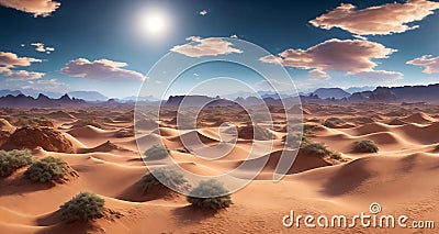 A vast desert expanse with rolling dunes under a sunny sky. Generative AI Stock Photo