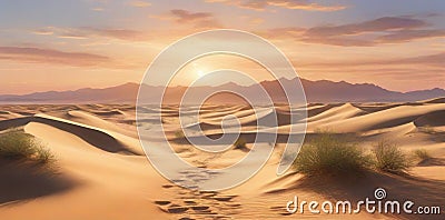 A vast desert landscape at sunrise, with towering sand dunes Stock Photo
