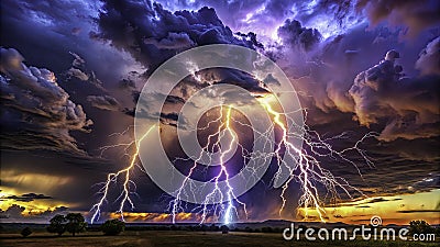 A Vast and Dynamic Visualization of Atmospheric Electricity Panoramic Abstract Background Featuring Moving Lightning Stock Photo