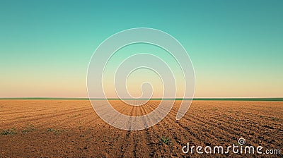 A vast, freshly plowed field stretches across the landscape, with uniform parallel rows extending towards the horizon Stock Photo