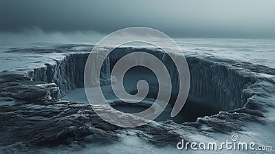 Deep frozen circular opening surrounded by ice and snow under overcast sky in a remote location. Generative AI Stock Photo