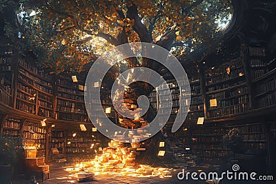 A vast library built inside an ancient tree, with magical books that float and glow Cartoon Illustration