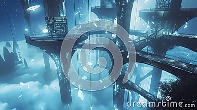 A vast library suspended in the clouds within a floating citadel. Generative Ai Stock Photo