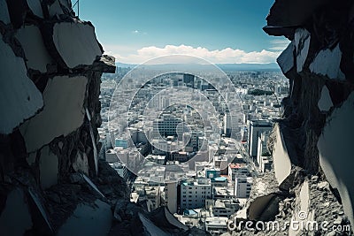 a vast rumbling city viewed from a cracked concrete wall. Stock Photo