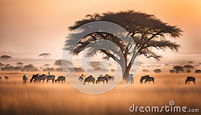 A vast savannah with grazing animals and acacia trees Stock Photo