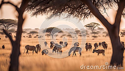 A vast savannah with grazing animals and acacia trees Stock Photo