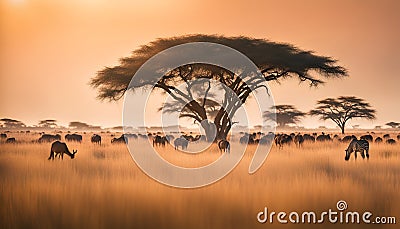 A vast savannah with grazing animals and acacia trees Stock Photo