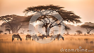 A vast savannah with grazing animals and acacia trees Stock Photo