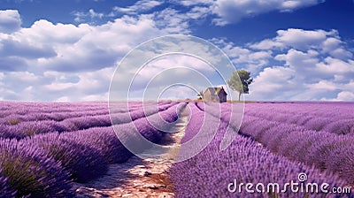 A vast and serene lavender field stretching out into the distance, a small house and a tree in the flower field, with a Stock Photo