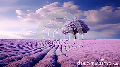 A vast and serene lavender field stretching out into the distance, a tree and a bright sky in the background. Generative Stock Photo