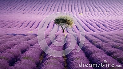 A vast and serene lavender field stretching out into the distance, a tree in the middle of the lavender field Stock Photo