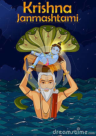 Vasudev carrying little Krishna with Kaliya Naag on Janmashtami Vector Illustration
