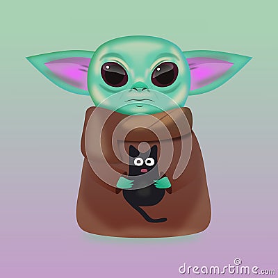 Baby Yoda with a black cat in his hand Cartoon Illustration