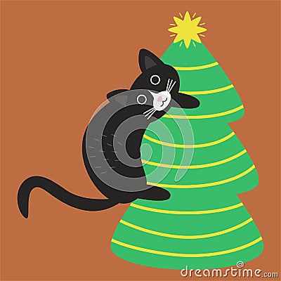 Crazy black cat climbed the Christmas tree Vector Illustration