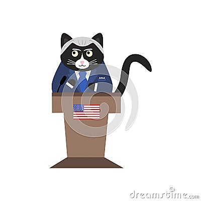 Cat Biden the President of the United States of America in suit with ties on the podium with microphone. Vector Illustration