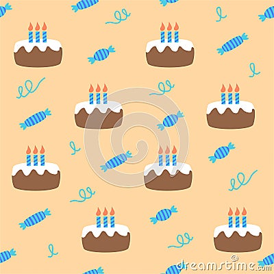 Birthday cake with cream cheese and candles on a yellow background with serpentine and candy. Birthday seamless pattern. Vector Illustration