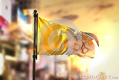 Vatican City Flag Against City Blurred Background At Sunrise Backlight Stock Photo