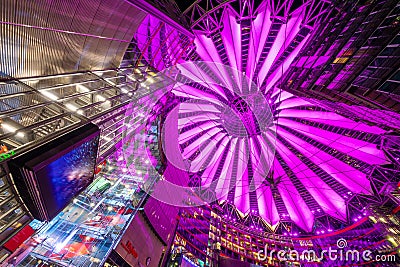 The vault of the Sony Center lit by purple light Editorial Stock Photo