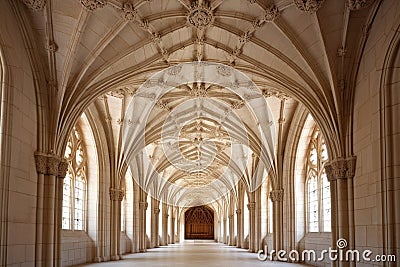 vaulted cathedral ceiling with detailed stone carvings Stock Photo