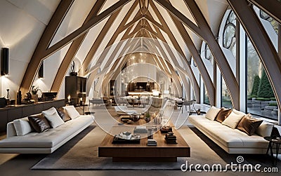 Vaulted Cathedral Ceiling in House: Interior Design of Spacious Elegance. Generative AI Stock Photo