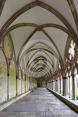 The vaulted ceiling of walkway in Salisbury Cathedral Church, England Editorial Stock Photo