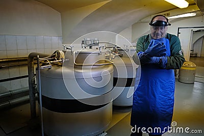 Vavilov Plant Research Institute. Laboratory for storage at extremely low temperatures of plant seeds. The specialist controls the Editorial Stock Photo