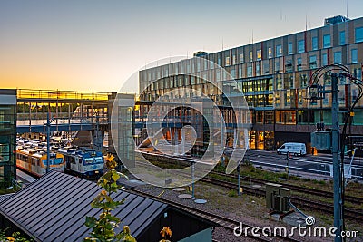 Vaxjo, Sweden, July 15, 2022: Sunset view of a train station in Editorial Stock Photo