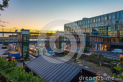 Vaxjo, Sweden, July 15, 2022: Sunset view of a train station in Editorial Stock Photo