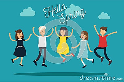 Vctor illustration set funny kids jumping on a colorful background. Children have fun together. Friends teens. The Vector Illustration