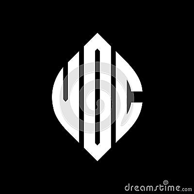 VDC circle letter logo design with circle and ellipse shape. VDC ellipse letters with typographic style. The three initials form a Vector Illustration