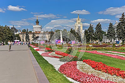 VDNH. Exhibition of achievements of national resources. Moscow. Summer. Flowers. Editorial Stock Photo