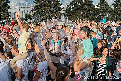 VDNH. Exhibition of achievements of national resources. Moscow. Summer. Man with his son. Editorial Stock Photo