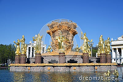 VDNKH park architecture in Moscow. Peoples Friendship Fountain. Editorial Stock Photo