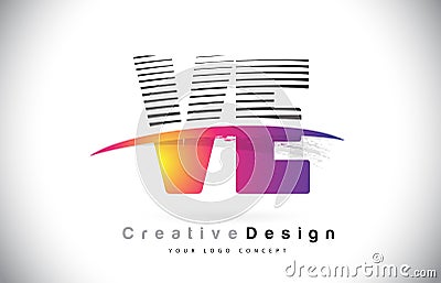 VE V E Letter Logo Design With Creative Lines and Swosh in Purple Brush Color. Vector Illustration