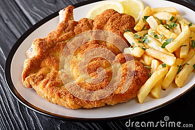Veal alla Milanese cotoletta alla milanese with French fries c Stock Photo