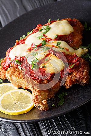 Veal Milanesa Napolitana with mozzarella cheese and tomato sauce Stock Photo