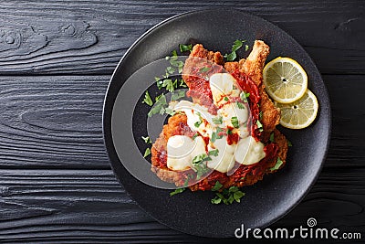 Veal Milanesa Napolitana with mozzarella cheese and tomato sauce Stock Photo