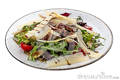 Veal and pear salad with olive-balsamic dressing. Isolated on a white background Stock Photo