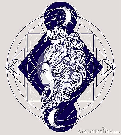 Vecor illustration of woman head with beautiful hairstyle with ship and waves. Vector Illustration